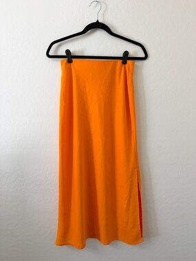 A New Day Orange High Waisted Satin Midi Skirt with Side Slit